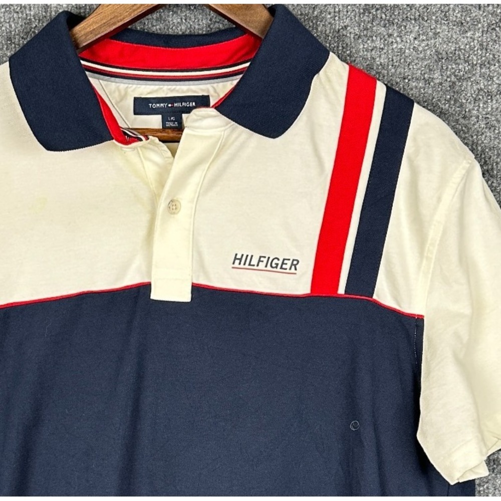 Tommy Hilfiger Shirt Mens Large Blue White Colorblock Polo Stretch Short Sleeve